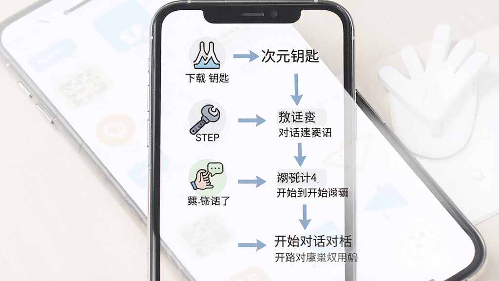 一张展示次元钥匙新手操作步骤的示意图,画面主体为手机屏幕,屏幕内以流程图形式展示从下载到开始对话的四个步骤,布局为纵向排列,排版清晰,风格为简约信息图风格,细节包含步骤图标、文字说明、箭头连接,画质高清,干净,无多余元素