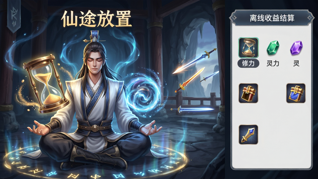 画面展示一位修仙者闭目盘坐于洞府之中,身前悬浮着发光的沙漏与灵气旋涡,洞府外有自动战斗的剑光闪烁,布局为左右分栏,左侧为修仙者主体,右侧为离线收益结算面板,面板上显示修为、灵石、装备等图标,风格为仙侠奇幻插画,细节包括灵气流动、符文光晕、沙漏粒子,画质高清,干净整洁,画面中悬浮“仙途放置”字样,无多余元素