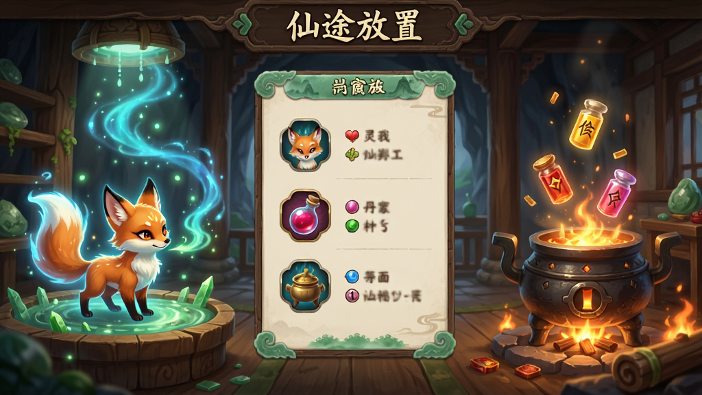 画面呈现一个仙侠风格的洞府内部,左侧为灵宠培养区域,一只发光的小狐狸正在吸收灵气,右侧为丹炉炼制场景,丹药悬浮在炉口,中央为洞府主界面面板,显示灵宠、丹药、洞府等级等图标,布局为三分栏,风格为清新仙侠插画,细节包括灵气光点、丹火微光、木质与玉石材质,画质高清,干净整洁,画面顶部有“仙途放置”字样