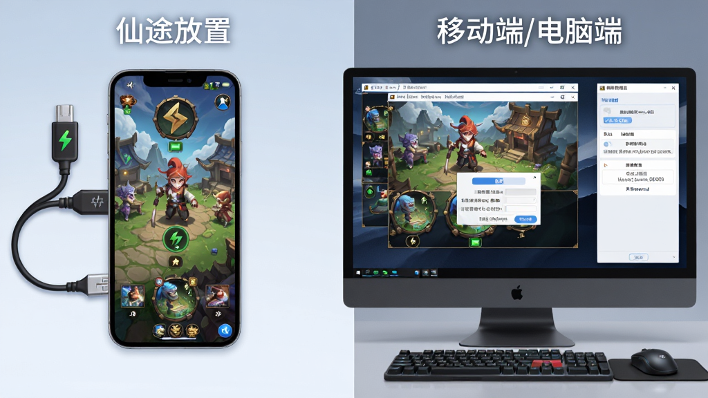 画面展示一部智能手机与一台电脑模拟器并排摆放,手机屏幕上显示仙途放置游戏挂机界面,电脑屏幕上显示多开窗口与设置面板,布局为左右对比,风格为科技数码插画,细节包括数据线、充电图标、后台管理按钮、权限设置弹窗,画质清晰,干净整洁,画面标注“仙途放置”与“移动端/电脑端”字样