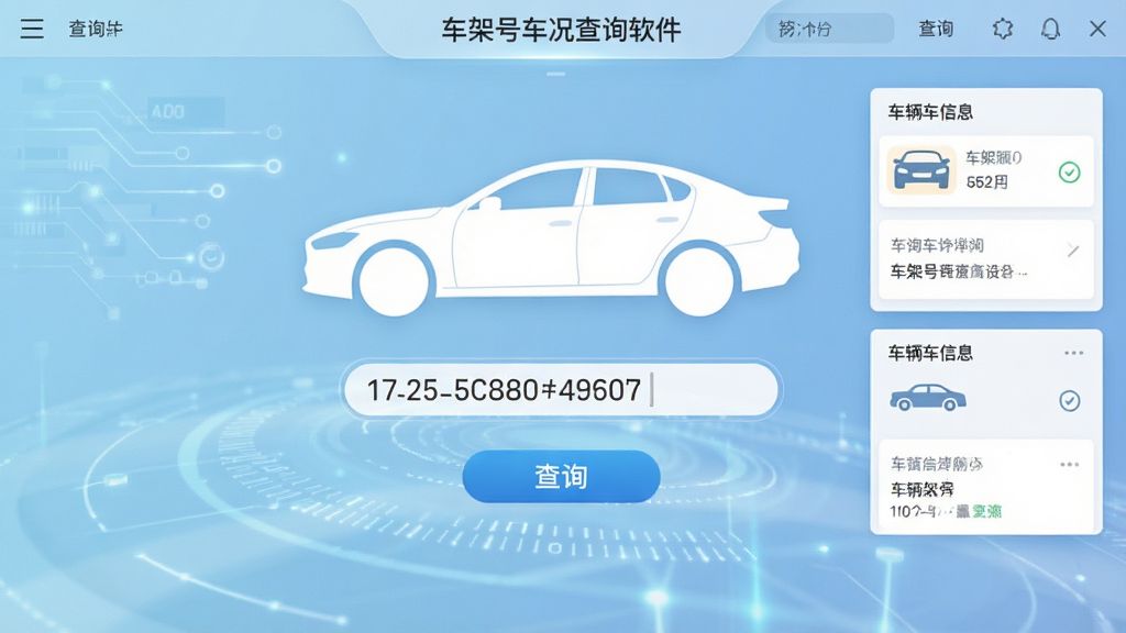 车架号车况查询软件主界面截图,画面中央展示一辆白色轿车轮廓与17位车架号输入框,背景为浅蓝色渐变科技风格,界面元素包含查询按钮与车辆信息卡片,整体布局简洁清晰,风格现代商务,画质高清,干净无多余元素