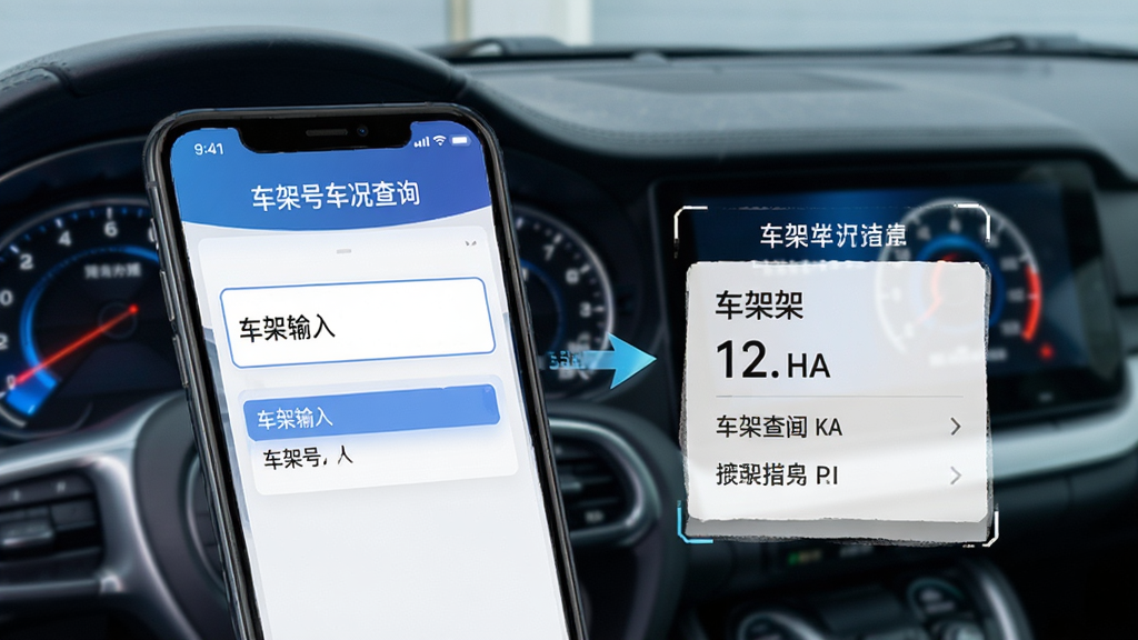 车架号车况查询APP界面展示车架号输入与解析过程,画面中手机屏幕显示输入框与识别结果,背景为汽车仪表盘元素,风格科技感十足,细节清晰,画质干净,软件名称为