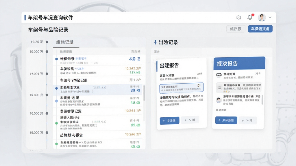 车架号车况查询软件展示维保记录与出险记录列表,界面中呈现时间轴与报告卡片,背景为淡灰色商务风格,布局整齐,风格专业可靠,画质高清,无多余装饰