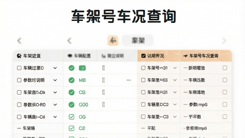 车架号车况查询APP展示车辆配置信息对比表格,画面中包含多项配置勾选状态与参数说明,背景为白色简洁风格,排版清晰,风格实用,画质干净,软件名称