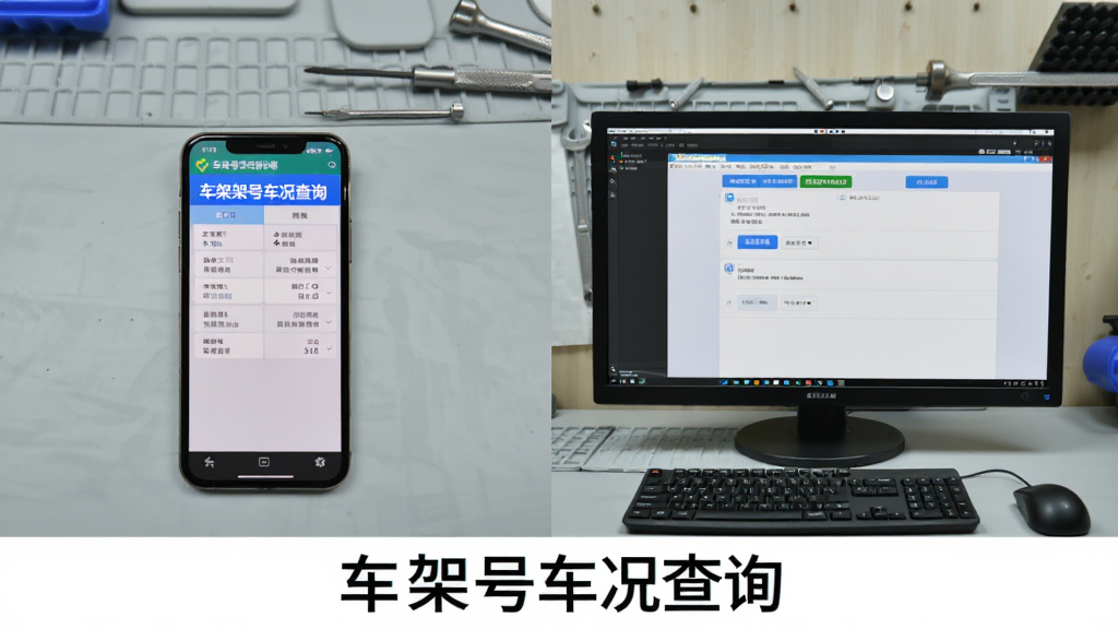 车架号车况查询软件在手机与电脑模拟器上的运行对比图,左侧为手机界面,右侧为电脑模拟器界面,背景为浅灰色工作台,风格简洁实用,画质清晰,软件名称