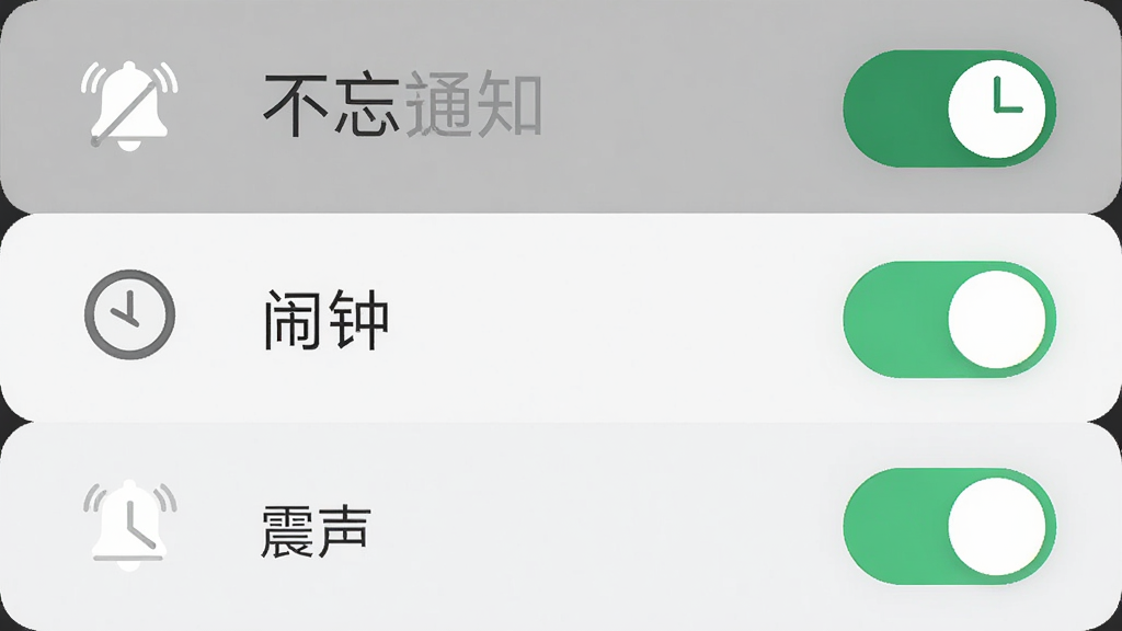 不忘提醒软件的多重提醒设置界面,手机屏幕中显示通知、闹钟、震动、铃声四个开关按钮,旁边有铃铛和时钟图标装饰,主体位于画面中央,布局上下排列,风格扁平化设计,细节上开关按钮带有微光效果,画质清晰,干净,无多余元素