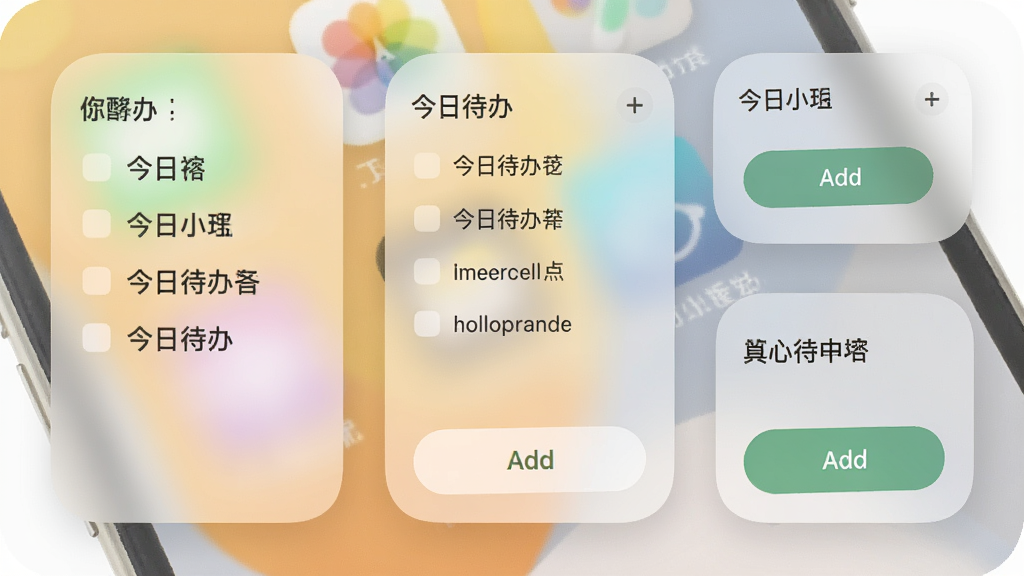 不忘提醒的桌面小组件展示图,手机主屏幕上放置了不同尺寸的小组件,显示今日待办列表和添加按钮,背景为浅色壁纸,布局错落有致,风格柔和圆角,细节上小组件带有毛玻璃效果,画质清晰,干净,无多余元素