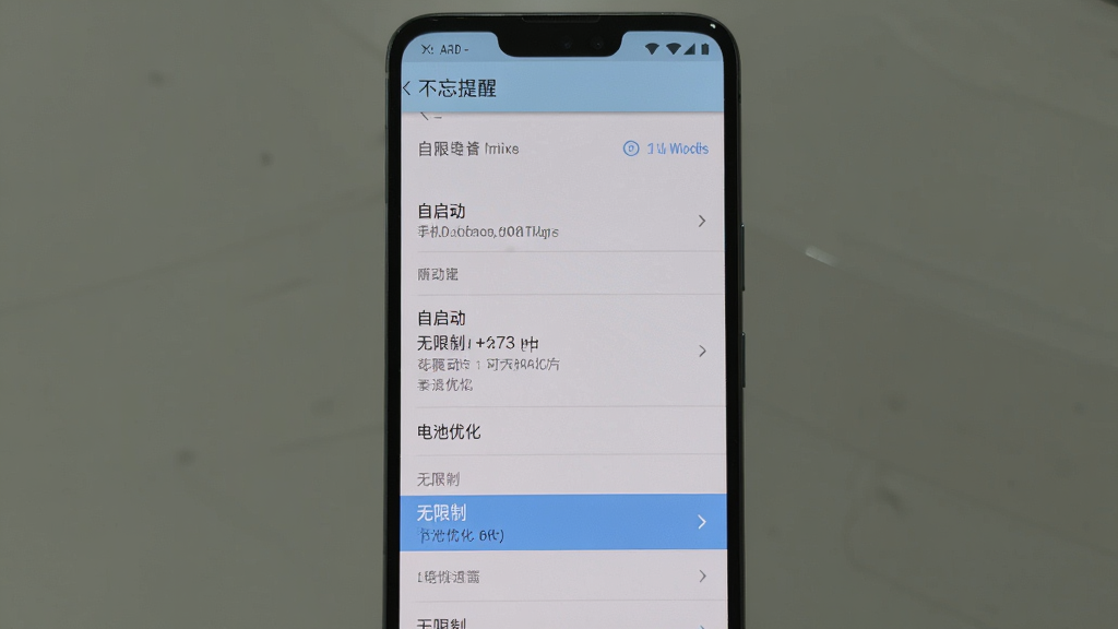 不忘提醒在手机后台权限设置中的界面截图,画面展示安卓系统设置页面中自启动和电池优化选项,手机屏幕位于画面中央,布局为纵向列表,风格浅灰质感,细节上高亮显示“无限制”选项,画质清晰,干净,无多余元素