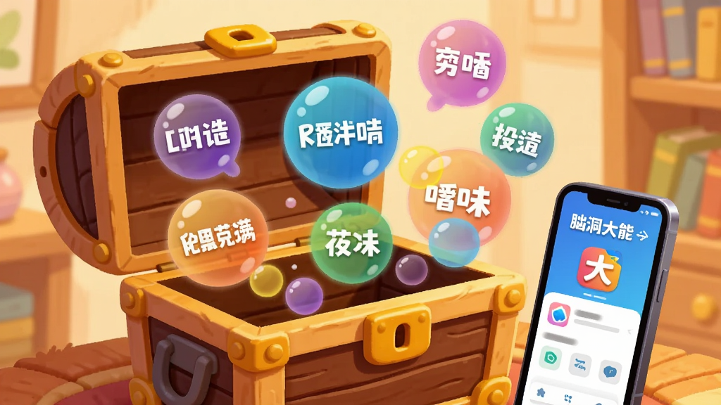 一个打开的巨大木质百宝箱,箱子里飞出各种彩色气泡,每个气泡里写着不同的创意关键词,箱子旁边放着一部手机,手机屏幕上显示脑洞大能应用界面,背景为暖色调书房环境,卡通插画风格,细节丰富,画质清晰,画面干净无多余元素