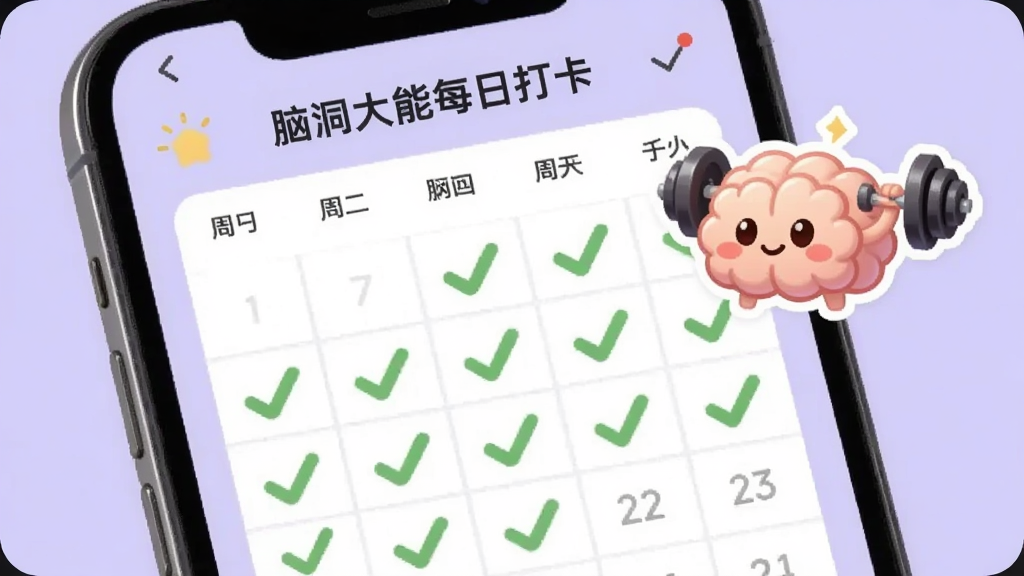 手机屏幕显示脑洞大能每日打卡日历界面,日历上标记了连续完成的绿色对勾,旁边有一个卡通大脑举着哑铃的图标,背景为柔和的浅紫色,风格活泼可爱,画质细腻,干净整洁