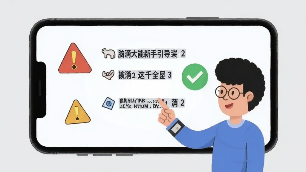 一部手机屏幕显示脑洞大能新手引导界面,画面中有卡通人物指着屏幕上的操作提示,旁边有警告标志和绿色对勾图标,背景为简洁的浅灰色,扁平插画风格,文字清晰,画质干净无多余元素