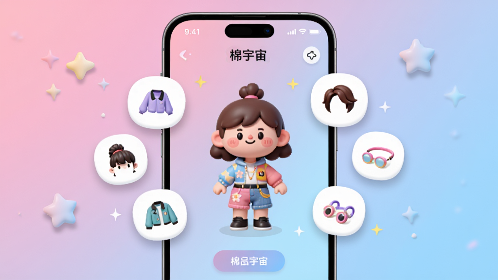 画面主体是一个手机屏幕,屏幕中显示“棉宇宙”App的数字形象创建界面,界面中有一个可爱的卡通人物正在被用户自定义装扮,周围漂浮着各种服饰、发型、配饰图标,背景是柔和的粉蓝色渐变,采用清新简约的UI设计风格,细节包括圆角按钮、柔和阴影、装饰性小星星,画质高清,画面干净整洁