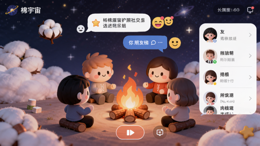画面展示“棉宇宙”App的社交互动界面,多个卡通数字人围坐在虚拟篝火旁聊天,屏幕上方有聊天气泡和表情图标,背景是星空和棉花糖云朵,整体采用温馨治愈的暖色调插画风格,细节包括发光的篝火、互动按钮、好友头像列表,画质高清,画面干净