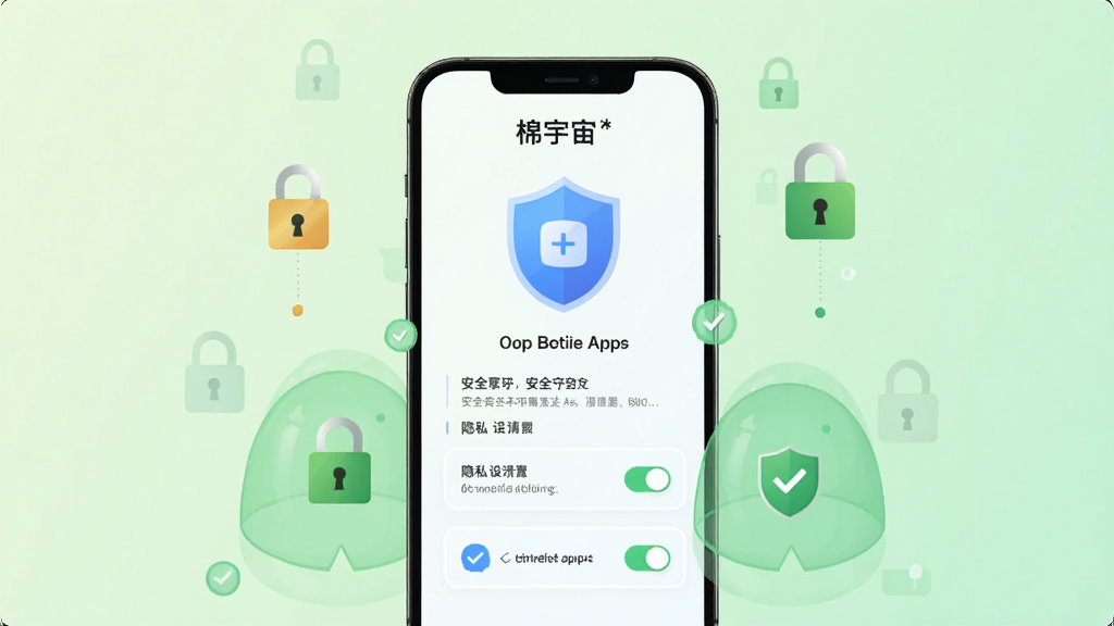 画面展示“棉宇宙”App的安全守护功能界面,手机屏幕中显示盾牌图标和隐私设置选项,周围有锁形图标和绿色保护罩,背景是柔和的浅绿色渐变,采用简洁明了的扁平化设计风格,细节包括安全提示文字、开关按钮、认证标识,画质高清,画面干净