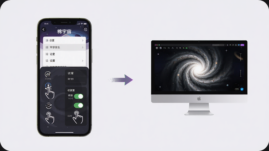画面展示“棉宇宙”App在手机上的操作界面,左侧是移动端触屏操作展示,右侧是电脑端模拟器运行画面,中间用箭头连接,背景是柔和的浅灰色,采用简洁明了的对比展示风格,细节包括操作手势图标、设置菜单、权限开关,画质高清,画面干净无杂乱元素