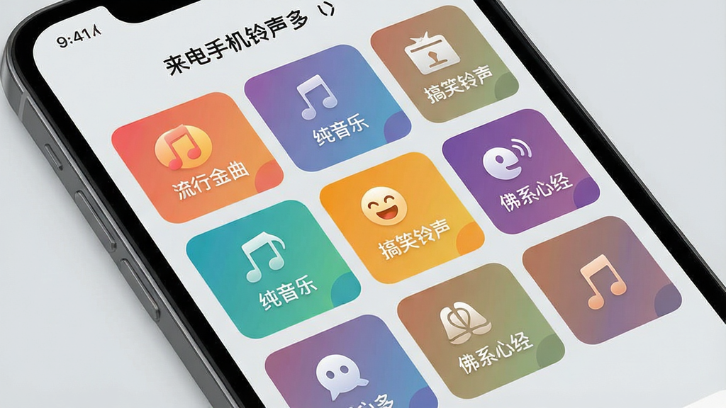 一个手机屏幕特写,屏幕内展示“来电手机铃声多”应用的主界面,界面中整齐排列着多个铃声分类卡片,每个卡片上有对应的风格图标和文字标签,如“流行金曲”“纯音乐”“搞笑铃声”“佛系心经”,卡片色彩丰富但有统一色调,背景为浅灰色,整体风格清新现代,排版清晰,画质锐利,干净无杂乱元素