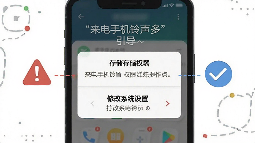 一张手机屏幕展示“来电手机铃声多”权限设置引导页的插画,画面中手机界面弹出存储权限和修改系统设置的对话框,旁边有红色警告图标和蓝色对勾图标,背景为简洁的白色,风格为信息图表式,突出安全与操作提示,画质清晰,干净无多余元素