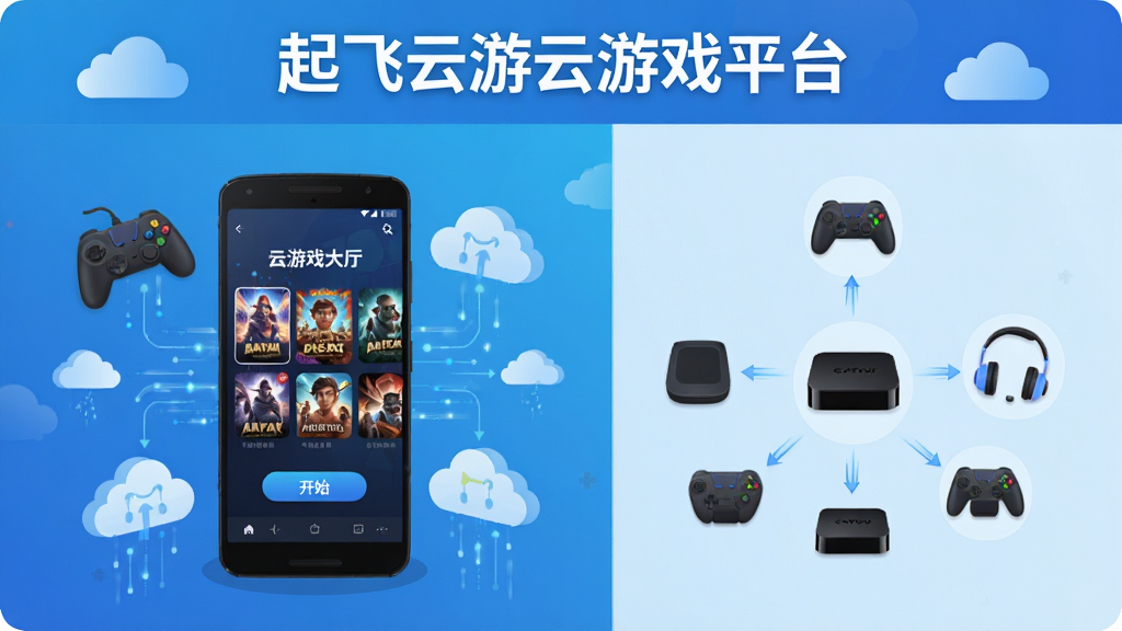 一张展示起飞云游云游戏平台的横版主视觉图,画面中央放置一部安卓手机,手机屏幕上显示云游戏大厅界面,包含游戏封面卡片与开始按钮,手机周围环绕悬浮的游戏手柄、蓝牙耳机、电视盒子等设备图标,整体布局为左中右三分区,左侧为手机主体,右侧为设备连接示意,上方留出标题区域,风格为科技蓝渐变扁平插画,细节包含云朵与数据流线条,画质清晰干净,无多余元素