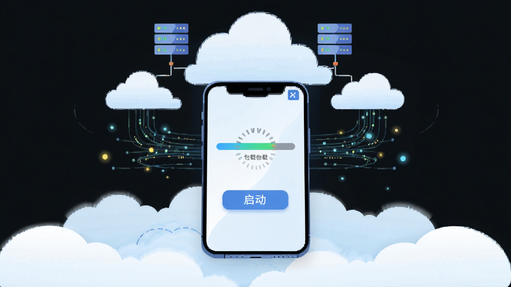 起飞云游免下载即点即玩功能展示图,主体为一部手机悬浮在云层之上,手机屏幕内显示游戏加载进度条与启动按钮,布局采用居中构图,上方为云朵与服务器图标,下方为手机,风格为轻科技扁平插画,细节包含数据流线条与光效点缀,画质清晰干净,无多余元素