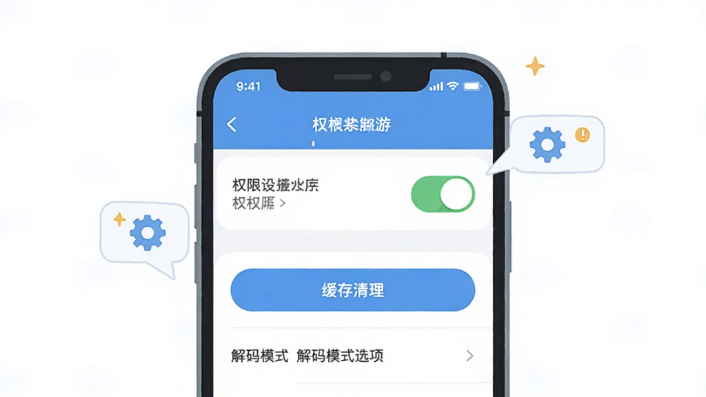 起飞云游上手须知操作示意图,主体为一部手机显示设置界面,界面中包含权限开关、缓存清理按钮与解码模式选项,布局为上下结构,上方为手机顶部状态栏,下方为设置列表,风格为简约扁平插画,细节包含齿轮图标与提示气泡,画质清晰干净,无多余元素