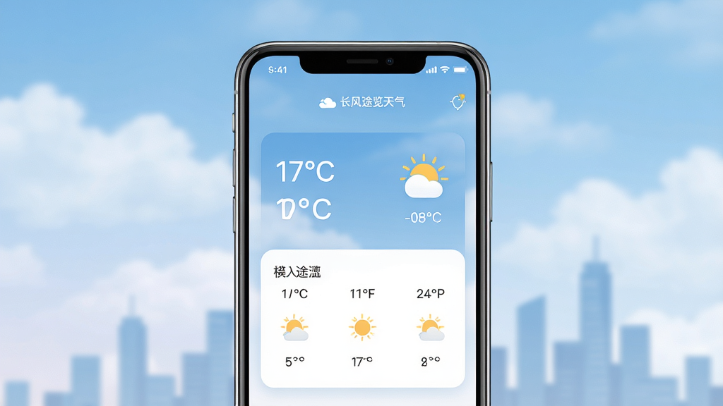 一张展示手机天气应用界面的图片,画面中央是一部竖屏智能手机,屏幕上显示着简洁的天气信息卡片,包括温度数字、天气图标和未来几日预报,背景是柔和的蓝天白云和城市剪影,布局清晰,排版整洁,风格现代简约,细节精致,画质高清,干净无多余元素,画面中带有