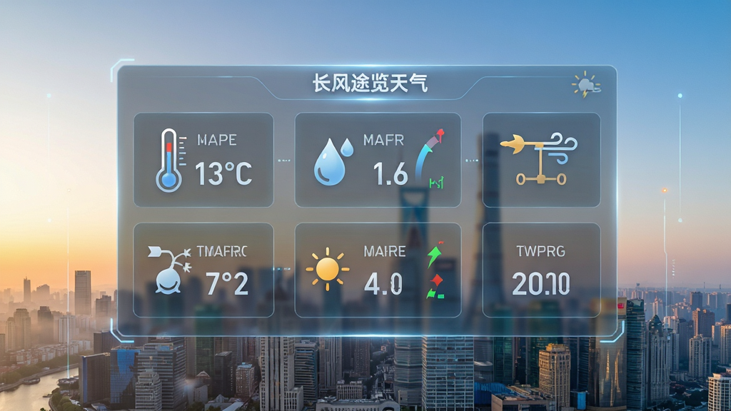 一张展示天气数据仪表盘的图片,画面主体是悬浮在空中的半透明信息面板,面板上排列着温度计、湿度计、风向标等图标,数据以数字形式清晰展示,背景是清晨的城市天际线,布局对称,排版有序,风格科技感与简洁并重,细节丰富,画质高清,干净无多余元素,画面中包含