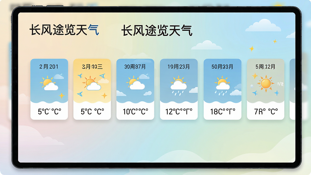 一张展示多日天气趋势的图片,画面中央是横向排列的天气卡片,每张卡片上标注着日期、天气图标和温度范围,背景是淡雅的渐变色调,布局横向延伸,排版规整,风格清爽明快,细节清晰,画质高清,干净无多余元素,画面中带有