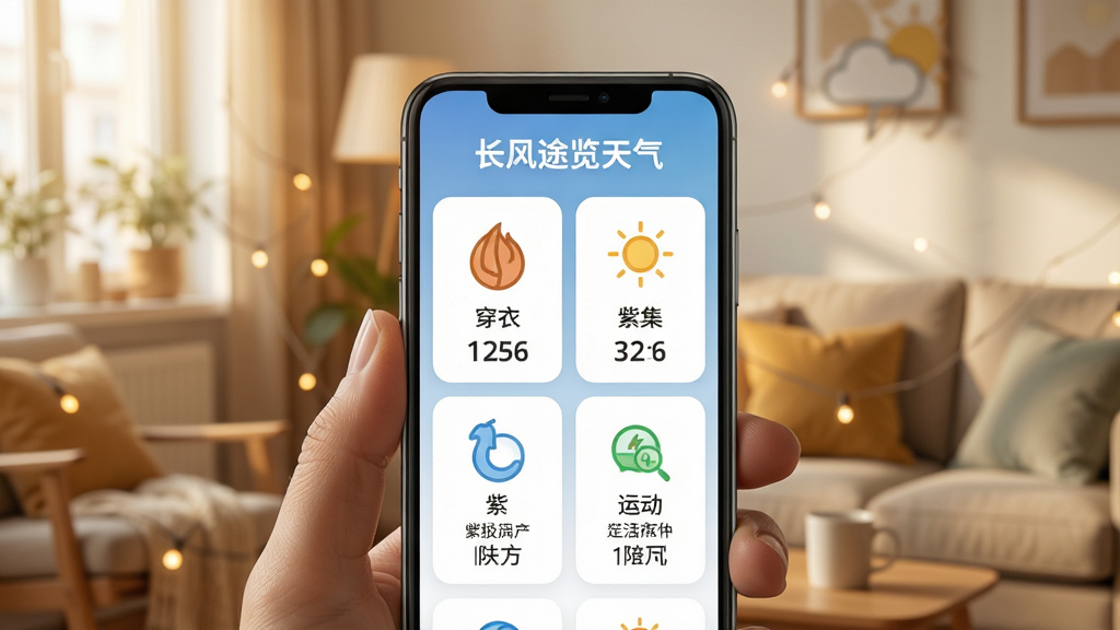 一张展示生活指数面板的图片,画面主体是手机屏幕特写,屏幕上显示着穿衣、紫外线、运动等生活指数图标及文字说明,背景是温馨的室内场景,布局居中,排版清晰,风格生活化且温暖,细节细腻,画质高清,干净无多余元素,画面中包含