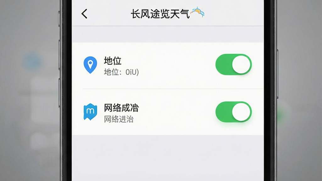 一张展示手机权限设置界面的图片,画面主体是手机屏幕上的应用权限管理页面,显示定位和网络权限开关处于开启状态,背景是简洁的灰色渐变,布局居中,排版清晰,风格实用简洁,细节明确,画质高清,干净无多余元素,画面中带有