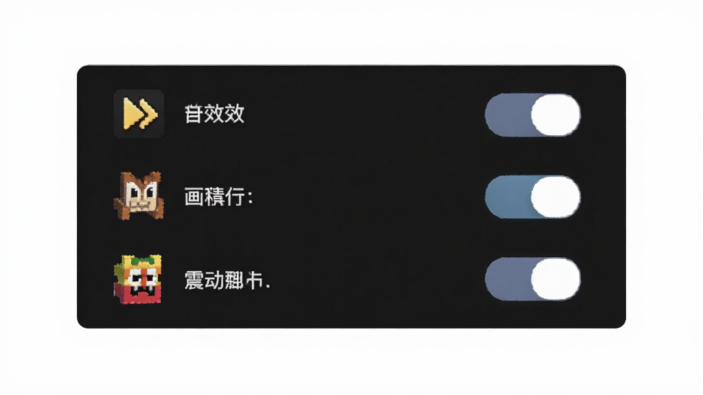 节奏方块游戏设置界面,展示音效、画质、震动等选项开关,界面简洁深色主题,图标清晰,画质干净无多余元素
