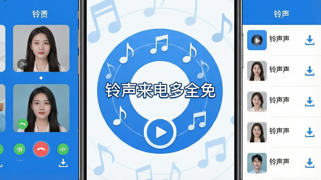 一张手机屏幕展示界面,屏幕中央显示“铃声来电多全免”软件名称,背景为音乐符号与播放按钮组成的圆形图案,左右两侧分布着来电视频缩略图和铃声列表,整体采用清新蓝白配色,布局简洁对称,风格现代扁平化,细节上突出音符图标与下载箭头,画质清晰锐利,干净无多余元素