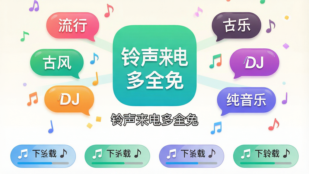 一张手机应用商店截图风格的概念图,画面中央是“铃声来电多全免”的软件图标和名称,周围环绕着代表不同音乐风格的彩色气泡标签,如“流行”“古风”“DJ”“纯音乐”,下方排列着整齐的铃声下载按钮,整体布局疏朗有序,风格活泼明亮,细节可见音符符号与下载进度条,画质高清,干净无多余元素