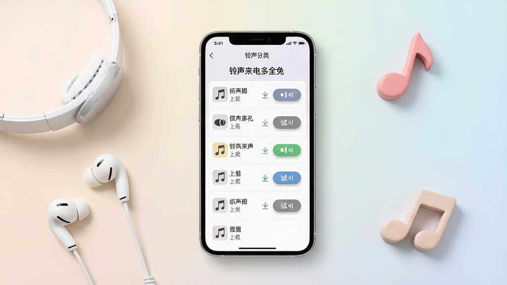 一部智能手机放置在桌面上,屏幕中展示“铃声来电多全免”软件内的铃声分类列表,列表项带有下载与试听按钮,手机旁边散落着耳机和音符形状的装饰物,背景为柔和渐变浅色,整体构图居中平衡,风格简约清新,细节清晰可见按钮阴影与文字标签,画质细腻,干净无多余元素