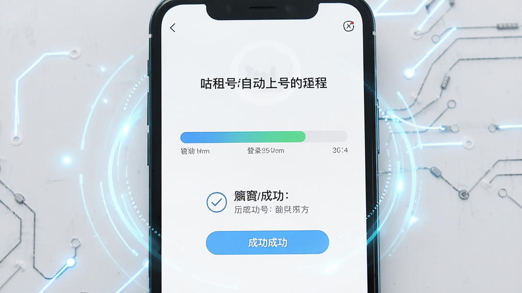 一张展示咕噜租号自动上号过程的界面截图,画面中手机屏幕上显示着登录进度条和成功提示,周围有轻微的科技感光效,整体风格简洁明快,画质清晰