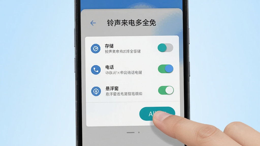 一部安卓手机屏幕显示“铃声来电多全免”软件的权限设置引导页面,页面中清晰列出存储、电话、悬浮窗三项权限开关,手机旁边有一只手正在点击允许按钮,背景为浅蓝色渐变,整体布局直观明了,风格写实扁平,细节可见权限图标与文字说明,画质清晰,干净无多余元素