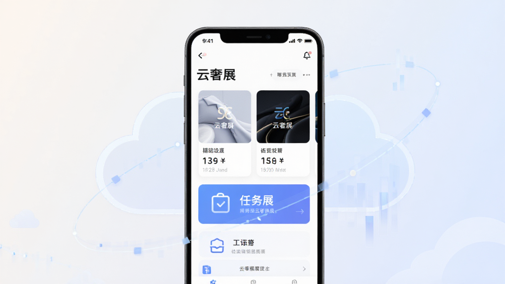 整体概括云奢展应用的核心全貌,画面主体为一款智能手机居中展示,屏幕内呈现“云奢展”应用主界面,界面包含展示卡片和任务入口,布局采用上下分层结构,排版简洁清晰,风格为现代扁平化科技风,细节上手机周围环绕淡淡的云端数据线条,背景为浅色渐变,画质高清,画面干净,无多余元素