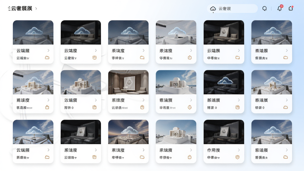 画面主体为云奢展应用内的云端展示界面,布局采用卡片式网格排列,排版整齐有序,风格为清爽简约的现代UI风,细节上每张卡片带有轻微的投影和圆角,背景为纯白到浅蓝的柔和渐变,画质高清,画面干净,无多余元素