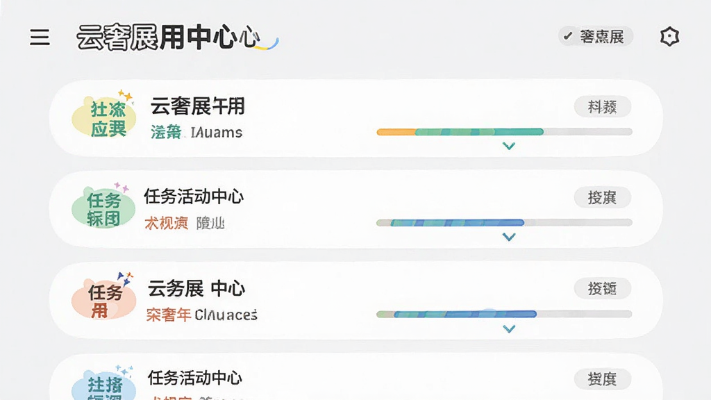画面主体为云奢展应用的任务活动中心页面,布局采用列表式上下排列,排版清晰,风格为活力明快的扁平化设计,细节上任务条目带有状态标签和进度条,背景为浅灰色,画质高清,画面干净,无多余元素