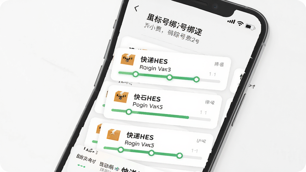 一张手机界面示意图,画面中一部手机屏幕上显示着快递包裹查询通的手机号绑定页面,下方列出多个自动同步的快递包裹卡片,每个卡片上有快递公司名称和物流进度条,背景为白色,风格干净整洁,细节上突出自动追踪的便捷感,画质清晰,无多余元素