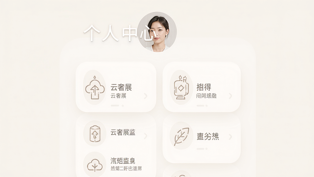 画面主体为云奢展应用的个人中心页面,布局采用顶部头像区和下方功能列表组合,排版简洁,风格为柔和圆角卡片风,细节上功能入口图标统一为线性风格,背景为浅色,画质高清,画面干净,无多余元素