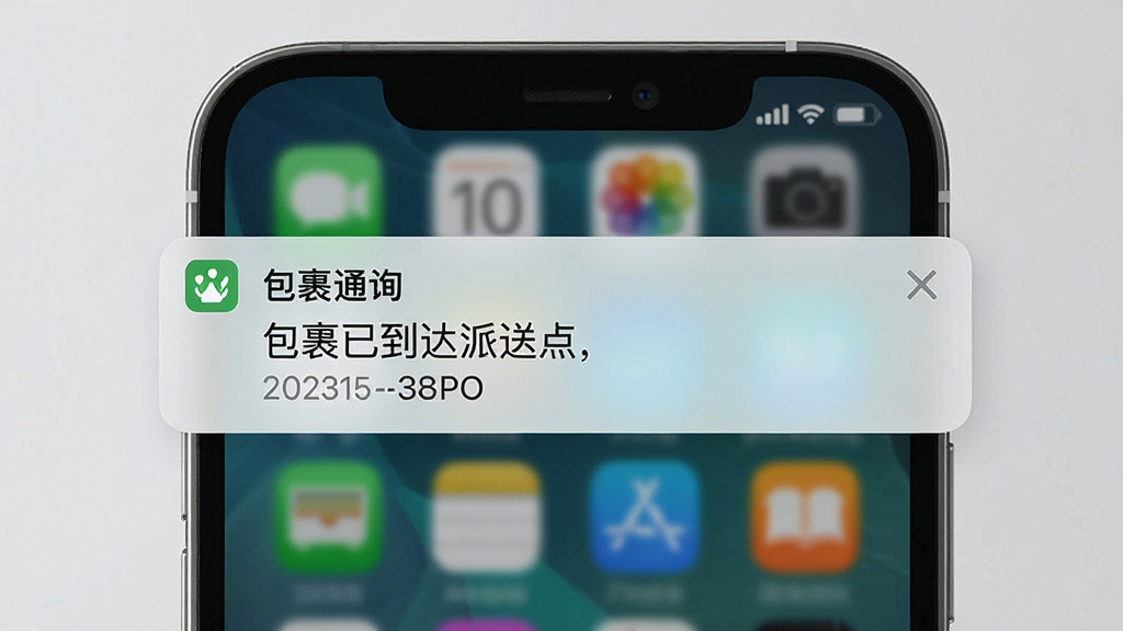 一张手机通知栏界面展示图,画面中手机顶部弹出快递包裹查询通的通知消息,内容显示包裹已到达派送点,背景为手机主屏幕,风格写实,细节上突出通知推送的即时性和清晰度,画质干净,无多余元素