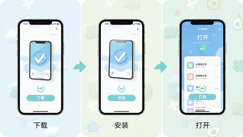 画面主体为云奢展应用在手机上的安装与权限设置流程示意,布局采用三格分步展示,排版从左到右依次为下载、安装、打开,风格为清新教程插画风,细节上每格配有手机图标和操作箭头,背景为浅色,画质高清,画面干净,无多余元素