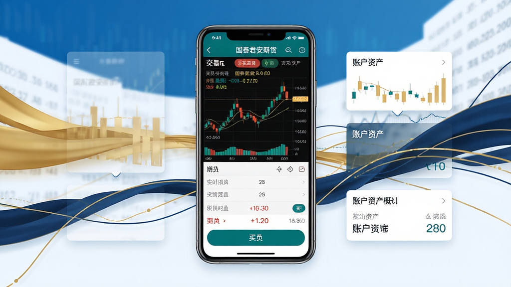 国泰君安期货手机应用界面全景展示,画面中央放置一部智能手机,屏幕显示期货行情K线图与交易下单界面,背景为简洁的金融蓝白配色,周围环绕金色与深蓝色的抽象数据流线条,布局采用中心对称式,风格为现代商务科技感,细节包含实时报价数字、买卖按钮、账户资产概览卡片,画质高清,干净,无多余元素