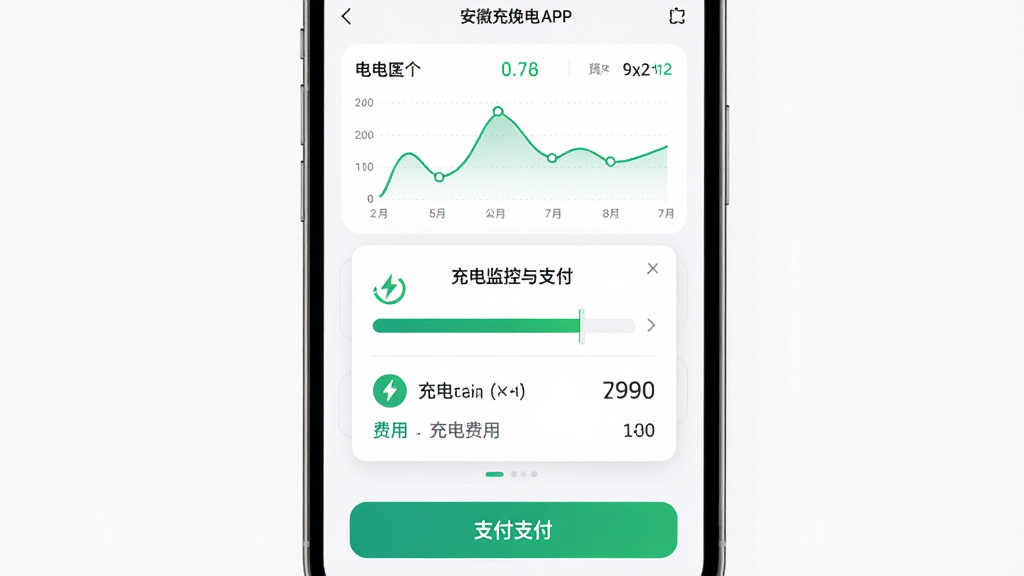 安徽充换电APP充电监控与支付成功界面,主体为手机屏幕显示充电进度条与费用明细弹窗,布局为上下结构,上方为电流电压图表,下方为支付按钮,风格为清爽极简风,细节包括绿色的充电图标与数字显示,画质高清,干净,无多余元素