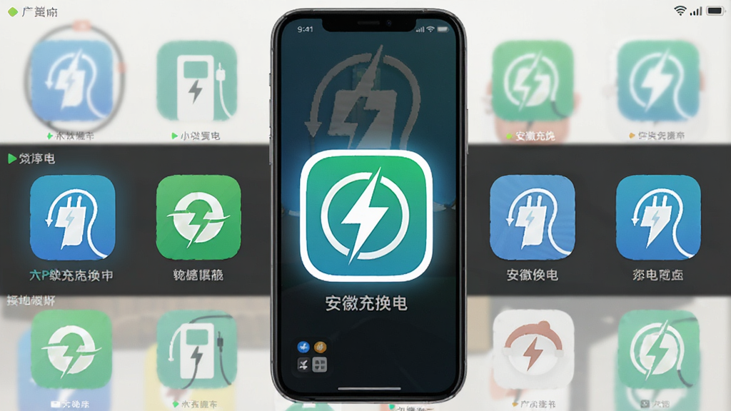 安徽充换电APP与同类充电软件对比概念图,主体为手机屏幕并排展示多个充电应用图标,布局为横向排列,风格为扁平化图标设计,细节包括安徽充换电图标突出显示,画质清晰,干净,无多余元素