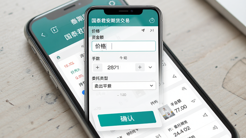 国泰君安期货交易下单界面模拟图,画面展示手机屏幕上的买入开仓与卖出平仓操作面板,包含价格输入框、手数选择器、委托类型下拉菜单,布局为上下分层结构,风格为简约商务,细节包含确认按钮高亮、资金余额显示、持仓列表缩略图,画质高清,干净,无多余元素
