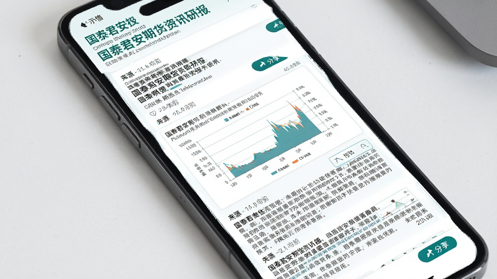 国泰君安期货资讯研报页面示意图,画面为手机屏幕展示多篇研报列表与一篇打开的详情页,包含图表与文字摘要,布局为瀑布流式排版,风格为专业出版物质感,细节包含标题加粗、来源标注、时间戳、分享按钮,画质高清,干净,无多余元素