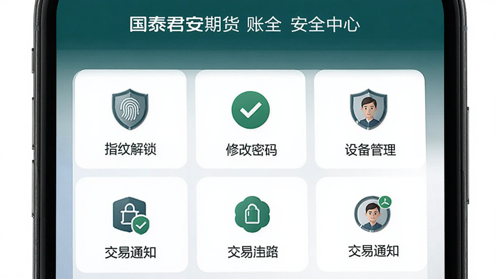 国泰君安期货账户安全中心界面,画面展示手机屏幕上的安全设置选项列表,包含指纹解锁、修改密码、设备管理、交易通知等图标,布局为宫格排列,风格为稳重安全风,细节包含盾牌图标、绿色对勾标识、用户头像,画质高清,干净,无多余元素