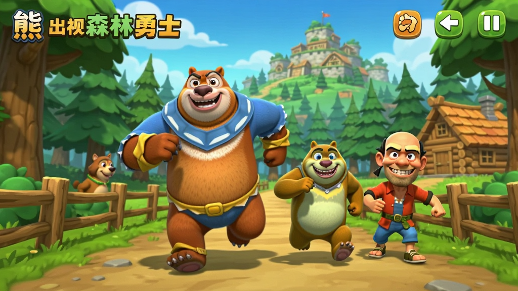熊出没森林勇士游戏主界面截图,画面中央是熊大熊二和光头强在森林跑道上奔跑,背景是狗熊岭森林和木屋,色彩鲜艳,卡通3D风格,画面干净整洁,高清画质