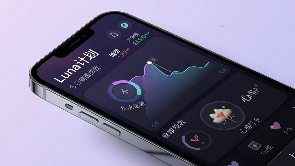 一张展示Luna计划软件核心界面的手机样机图,画面中央是一部现代智能手机,屏幕显示Luna计划健康仪表盘,包含睡眠曲线、饮水记录圆环和心情打卡图标,背景为柔和的浅紫色渐变,布局简洁居中,风格清新现代,细节上手机边缘有轻微反光,屏幕内文字清晰显示